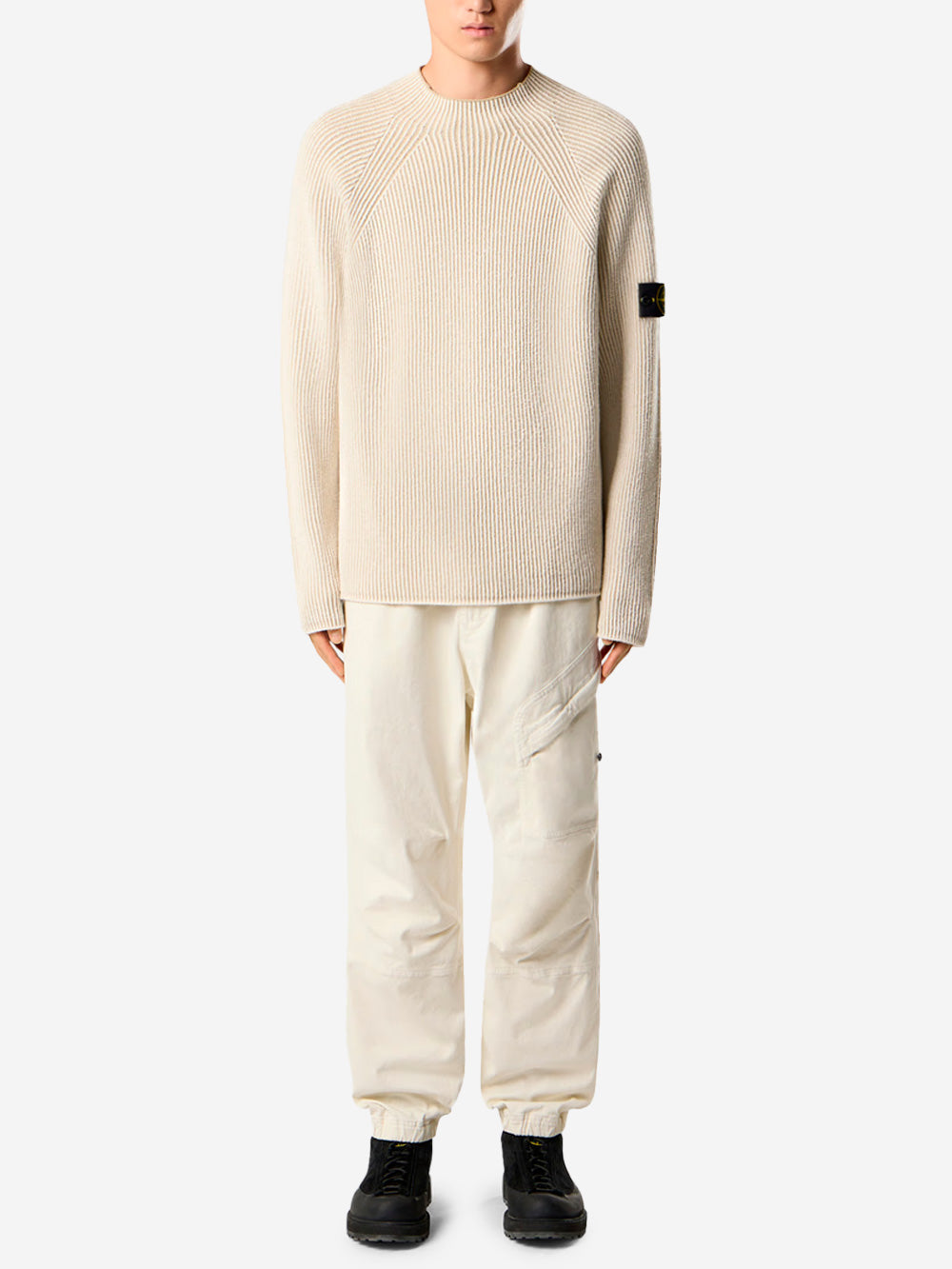 STONE ISLAND Ivory mock neck sweater with vanisé ribbing and