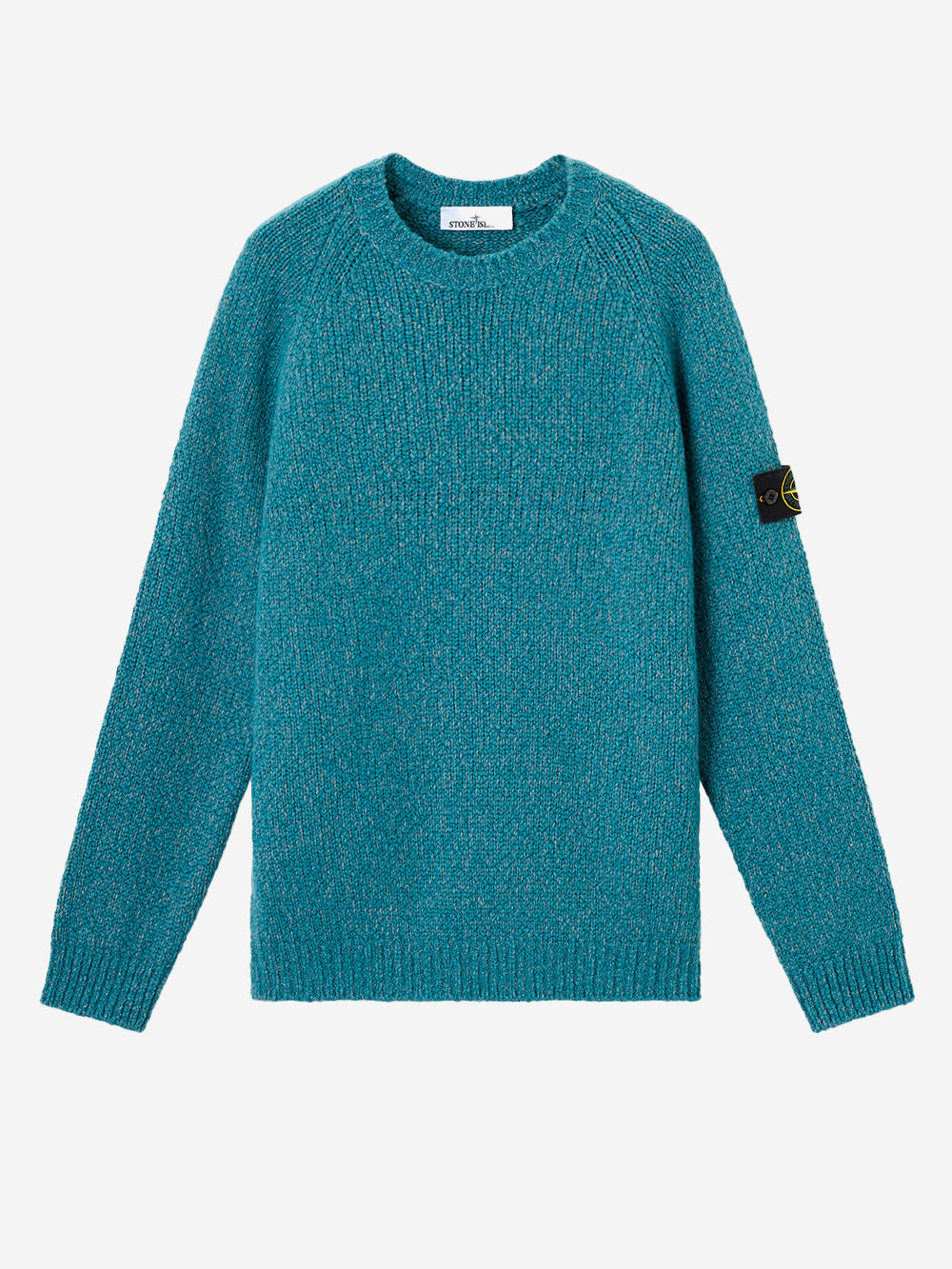 STONE ISLAND Maglione girocollo melange petrolio in misto lana mouliné e badge Compass Celeste Urbanstaroma