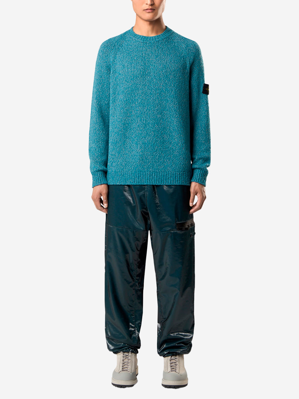 STONE ISLAND Maglione girocollo melange petrolio in misto lana mouliné e badge Compass Celeste Urbanstaroma