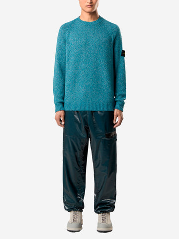 STONE ISLAND Maglione girocollo melange petrolio in misto lana mouliné e badge Compass Celeste