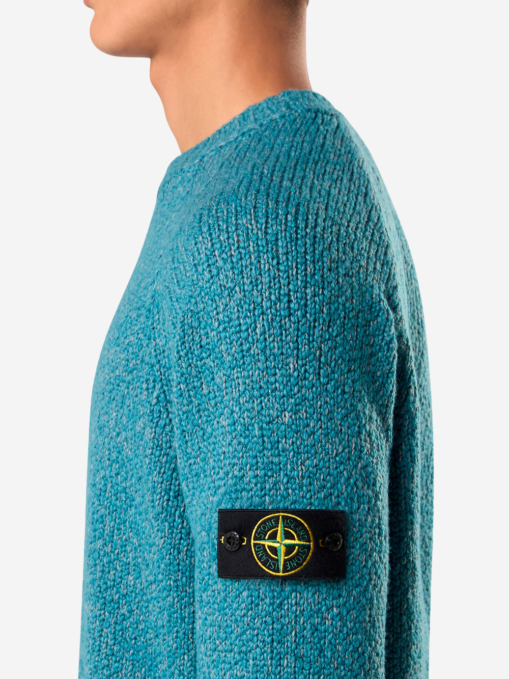 STONE ISLAND Maglione girocollo melange petrolio in misto lana mouliné e badge Compass Celeste Urbanstaroma