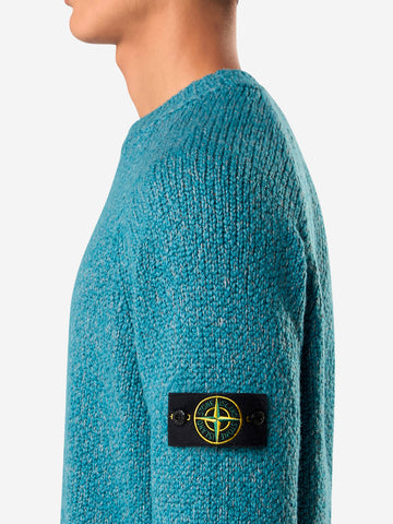STONE ISLAND Maglione girocollo melange petrolio in misto lana mouliné e badge Compass Celeste