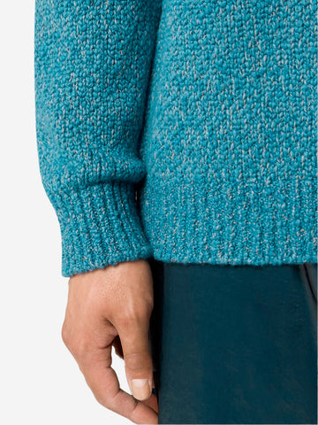 STONE ISLAND Maglione girocollo melange petrolio in misto lana mouliné e badge Compass Celeste