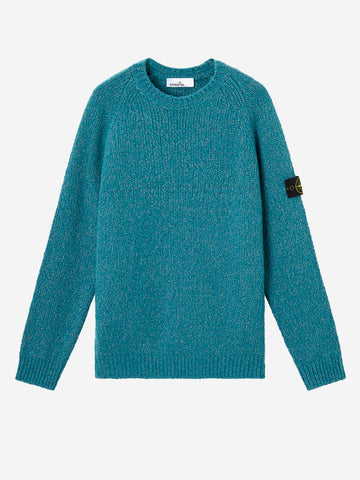 STONE ISLAND Maglione girocollo melange petrolio in misto lana mouliné e badge Compass Celeste