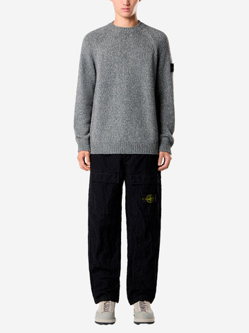 STONE ISLAND Maglione girocollo grigio melange in misto lana mouliné e badge Compass Grigio scuro