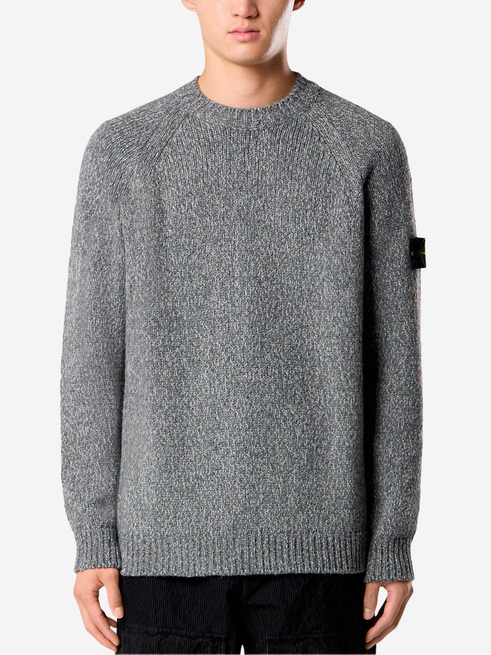 STONE ISLAND Maglione girocollo grigio melange in misto lana mouliné e badge Compass Grigio scuro Urbanstaroma