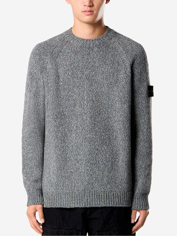 STONE ISLAND Maglione girocollo grigio melange in misto lana mouliné e badge Compass Grigio scuro