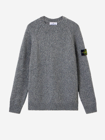 STONE ISLAND Maglione girocollo grigio melange in misto lana mouliné e badge Compass Grigio scuro