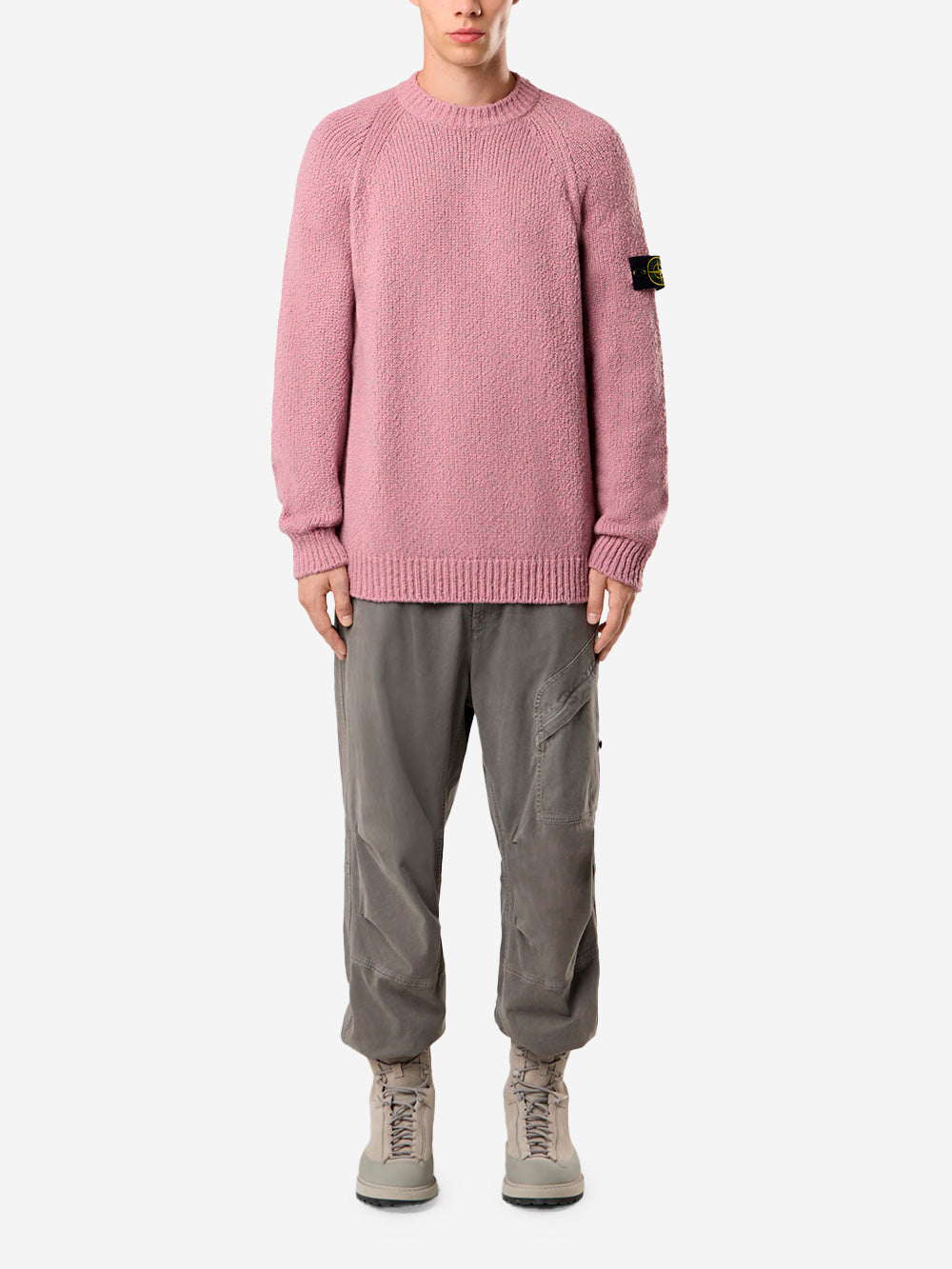 STONE ISLAND Maglione girocollo melange rosa in misto lana mouliné e badge Compass Rosa Urbanstaroma