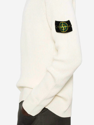 STONE ISLAND Maglione dolcevita a coste con badge Compass Panna