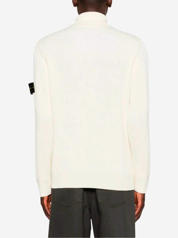 STONE ISLAND Maglione dolcevita a coste con badge Compass Panna