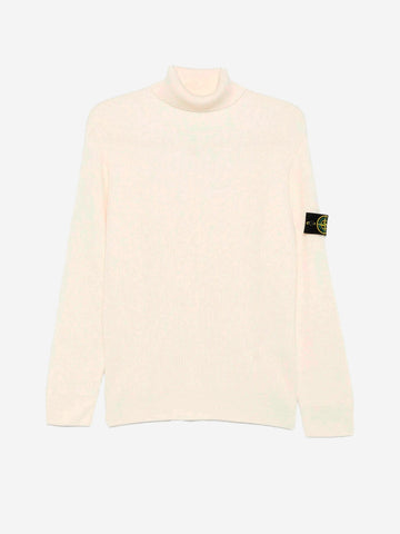 STONE ISLAND Maglione dolcevita a coste con badge Compass Panna