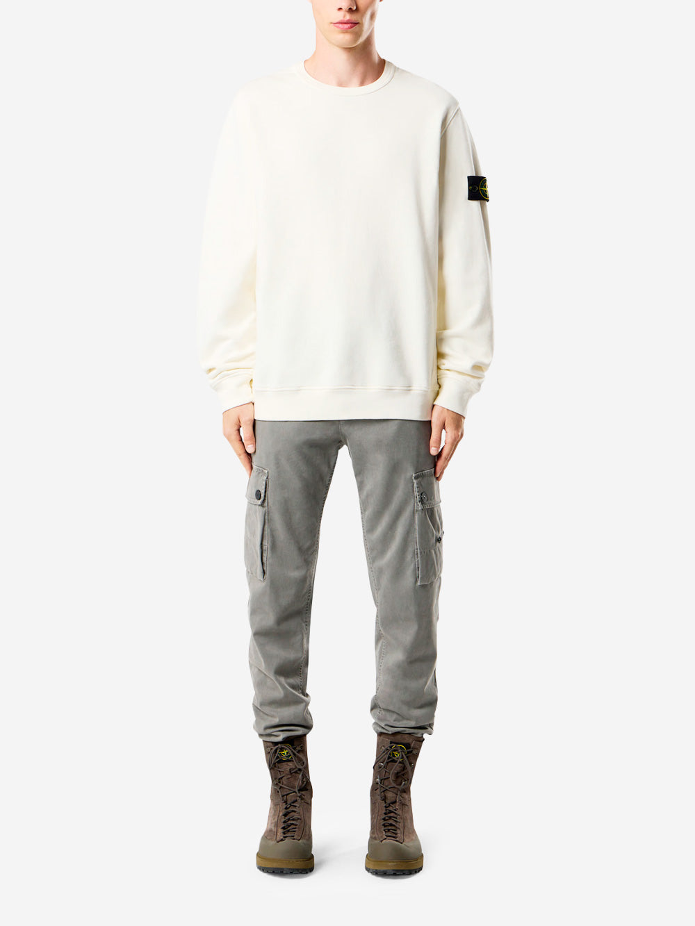 STONE ISLAND Felpa girocollo bianca a costine con badge Bianco Urbanstaroma