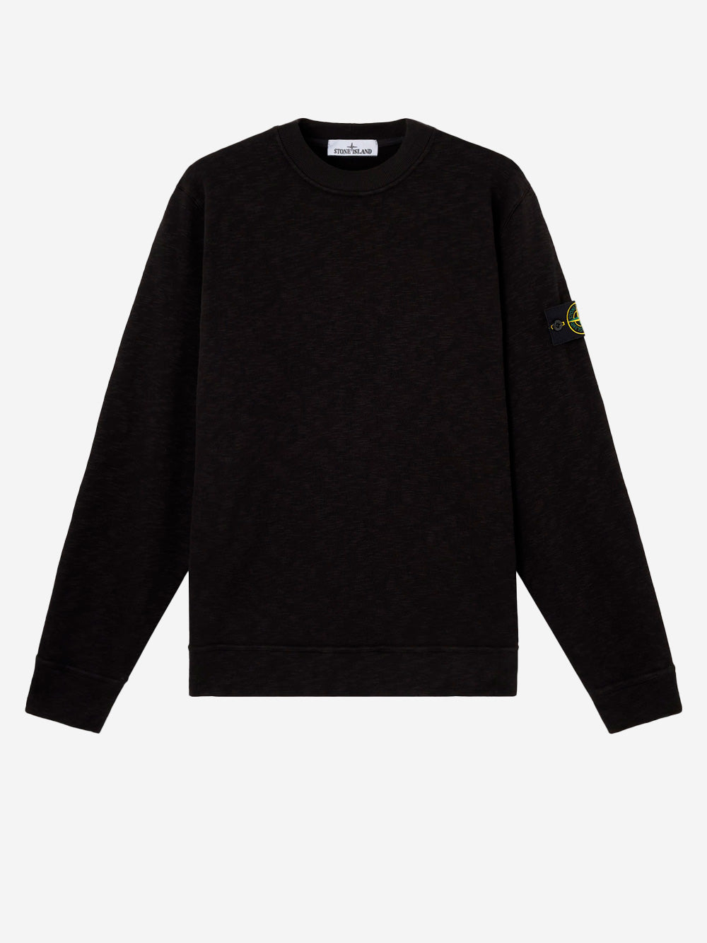 STONE ISLAND Felpa girocollo nera garzata vanisé con intarsi e badge Compass Nero Urbanstaroma