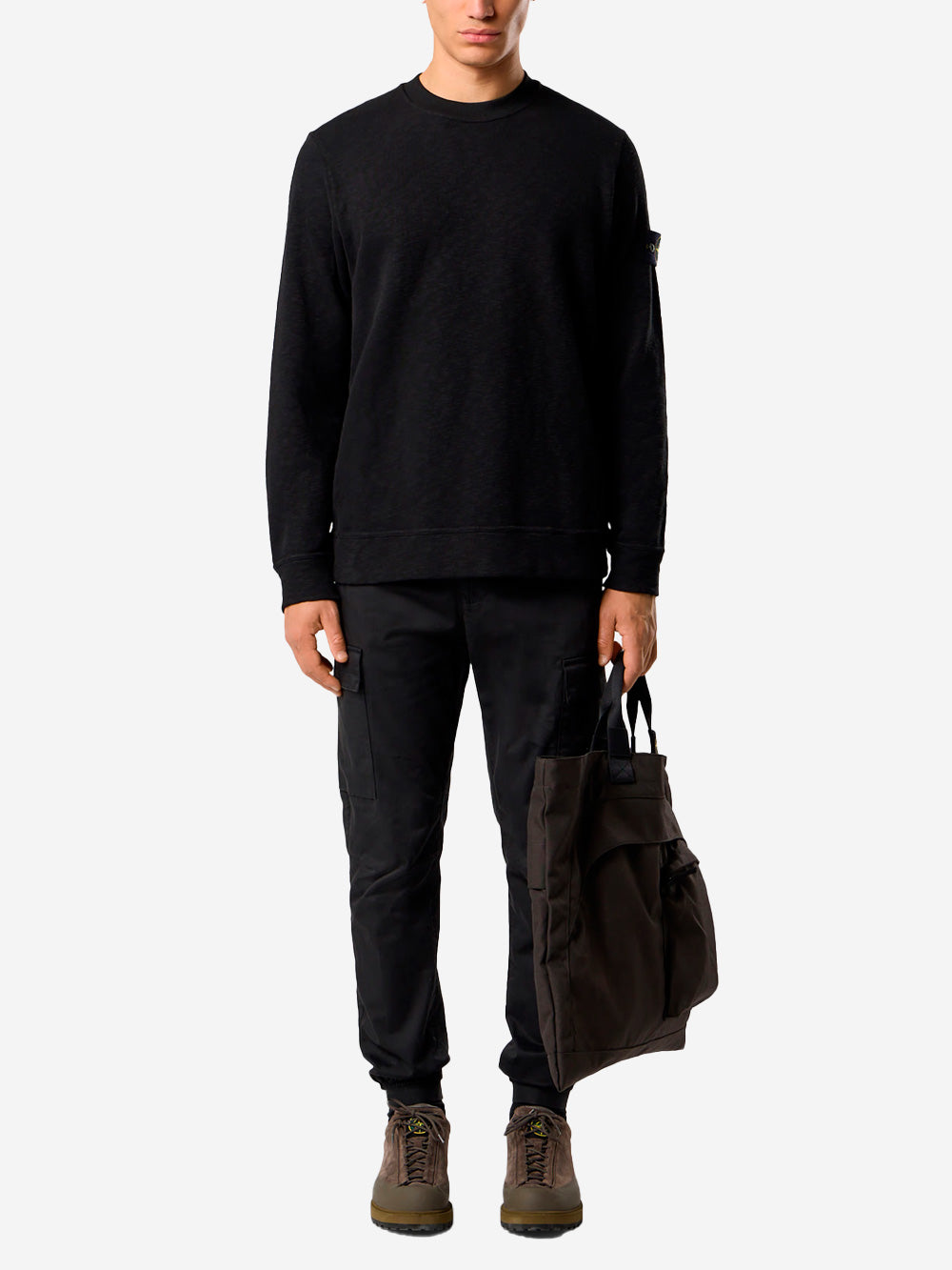 STONE ISLAND Felpa girocollo nera garzata vanisé con intarsi e badge Compass Nero Urbanstaroma