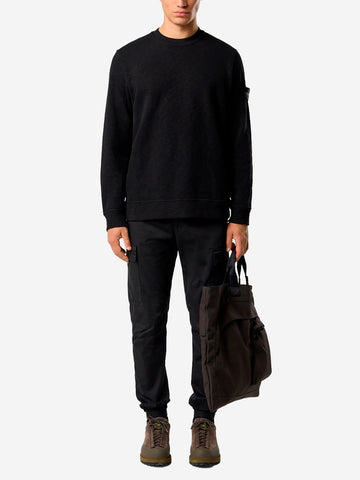 STONE ISLAND Felpa girocollo nera garzata vanisé con intarsi e badge Compass Nero