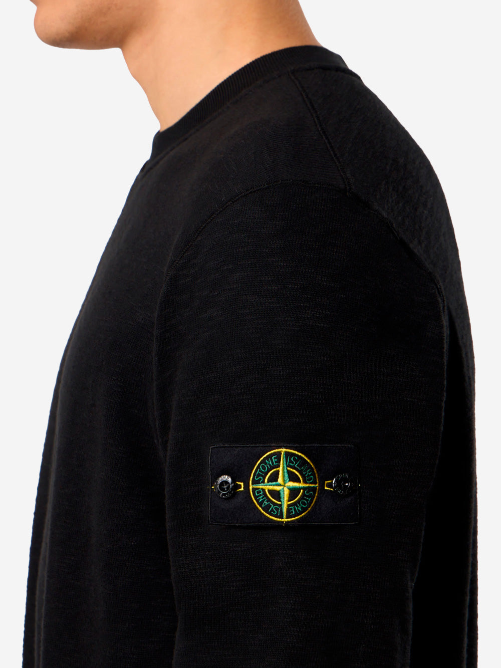 STONE ISLAND Felpa girocollo nera garzata vanisé con intarsi e badge Compass Nero Urbanstaroma