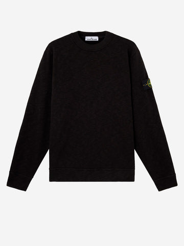 STONE ISLAND Felpa girocollo nera garzata vanisé con intarsi e badge Compass Nero