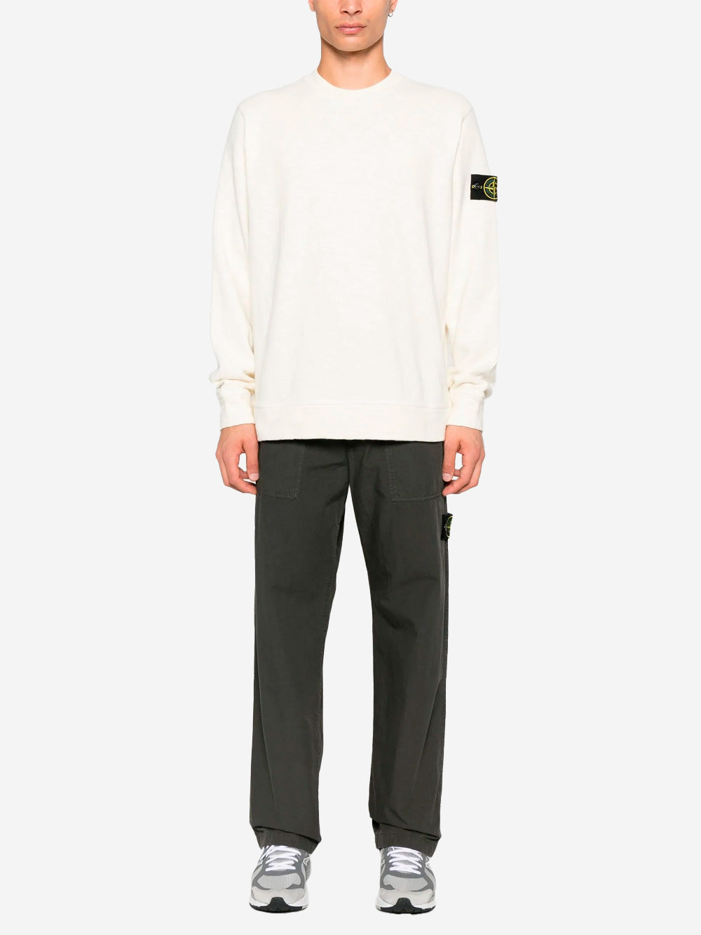 STONE ISLAND Felpa girocollo panna garzata vanisé con intarsi e badge Compass Panna Urbanstaroma