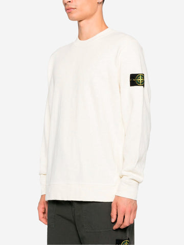 STONE ISLAND Felpa girocollo panna garzata vanisé con intarsi e badge Compass Panna
