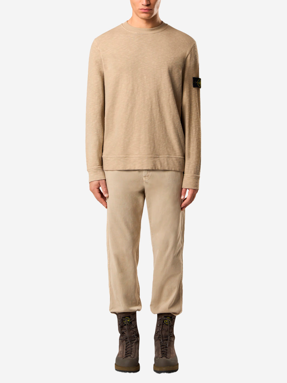 STONE ISLAND Felpa girocollo beige garzata vanisé con intarsi e badge Compass Beige Urbanstaroma