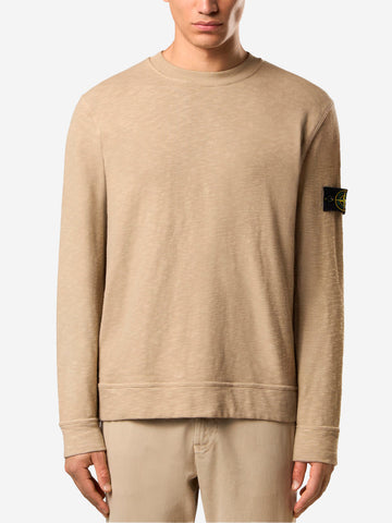 STONE ISLAND Felpa girocollo beige garzata vanisé con intarsi e badge Compass Beige