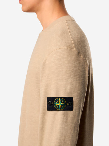 STONE ISLAND Felpa girocollo beige garzata vanisé con intarsi e badge Compass Beige