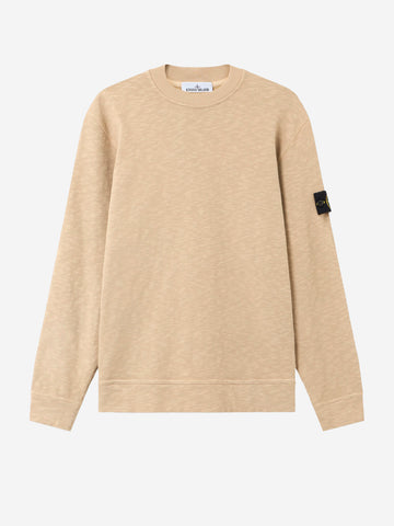 STONE ISLAND Felpa girocollo beige garzata vanisé con intarsi e badge Compass Beige