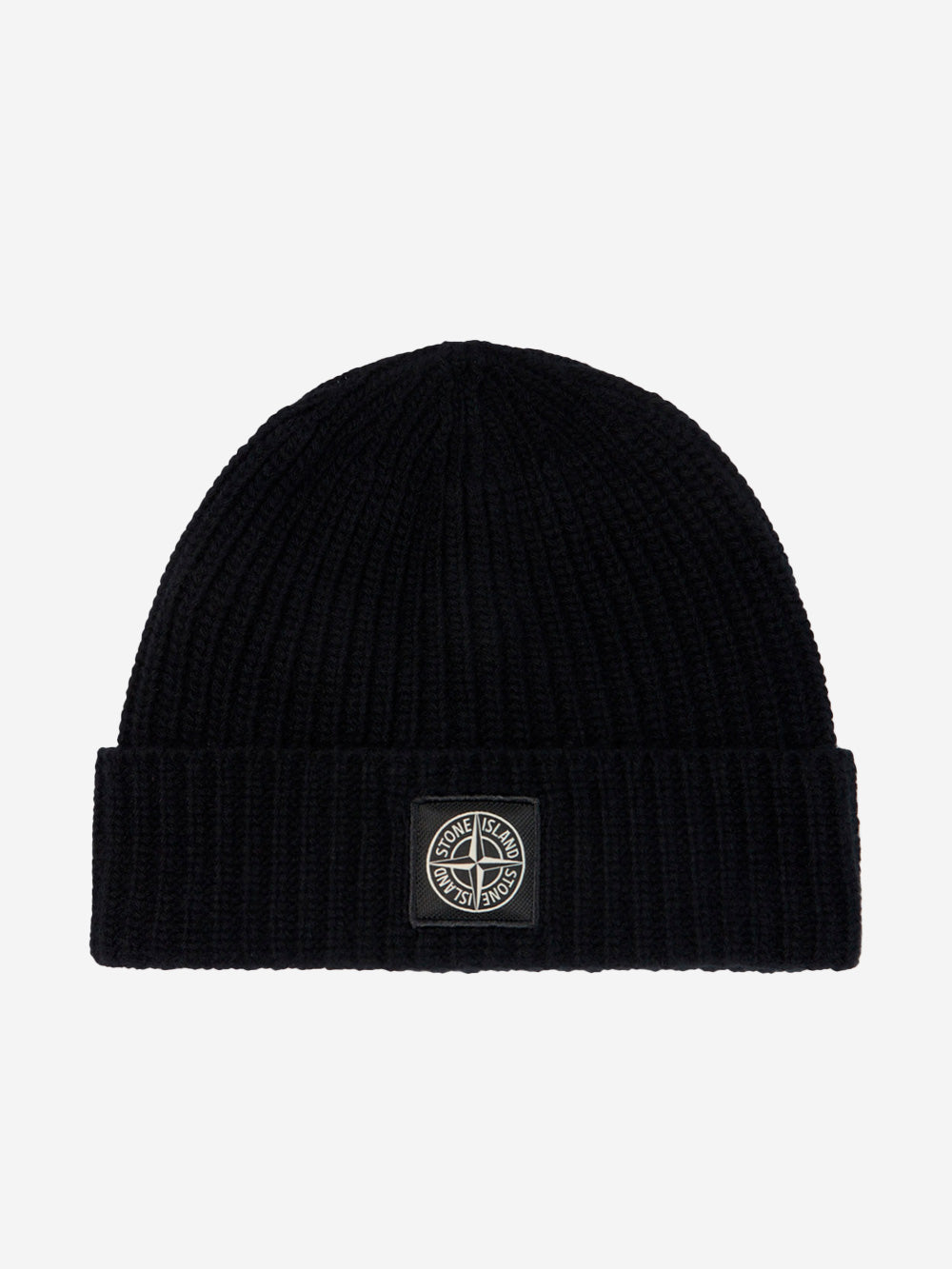 STONE ISLAND Beanie nero in lana con patch Compass e risvolto a costine Nero Urbanstaroma