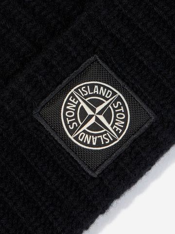 STONE ISLAND Beanie nero in lana con patch Compass e risvolto a costine Nero