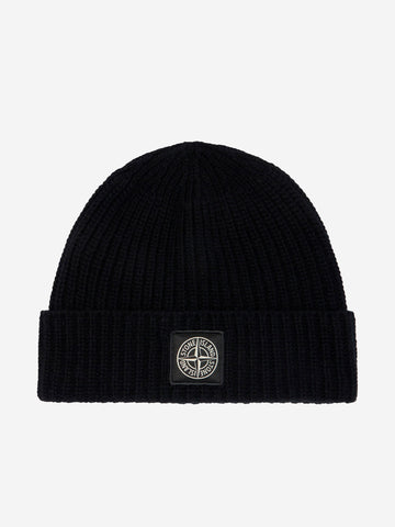 STONE ISLAND Beanie nero in lana con patch Compass e risvolto a costine Nero