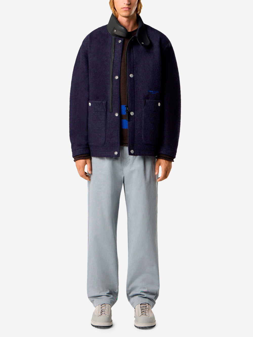 STONE ISLAND Giacca in feltro di lana con collo stile scuba e ricamo 'Marina' Navy Urbanstaroma