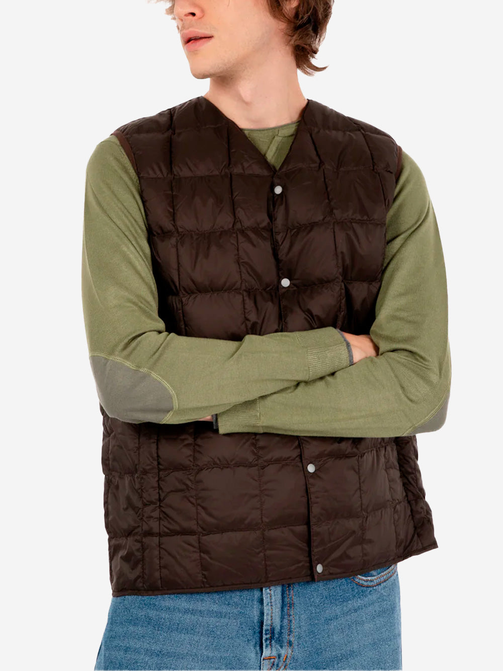 TAION Gilet marrone imbottito in piuma con scollo a V Marrone Urbanstaroma