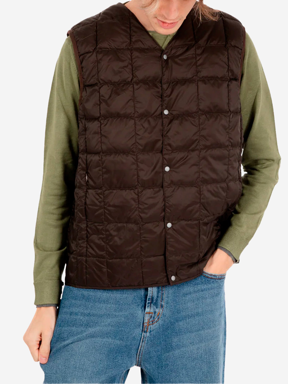 TAION Gilet marrone imbottito in piuma con scollo a V Marrone Urbanstaroma