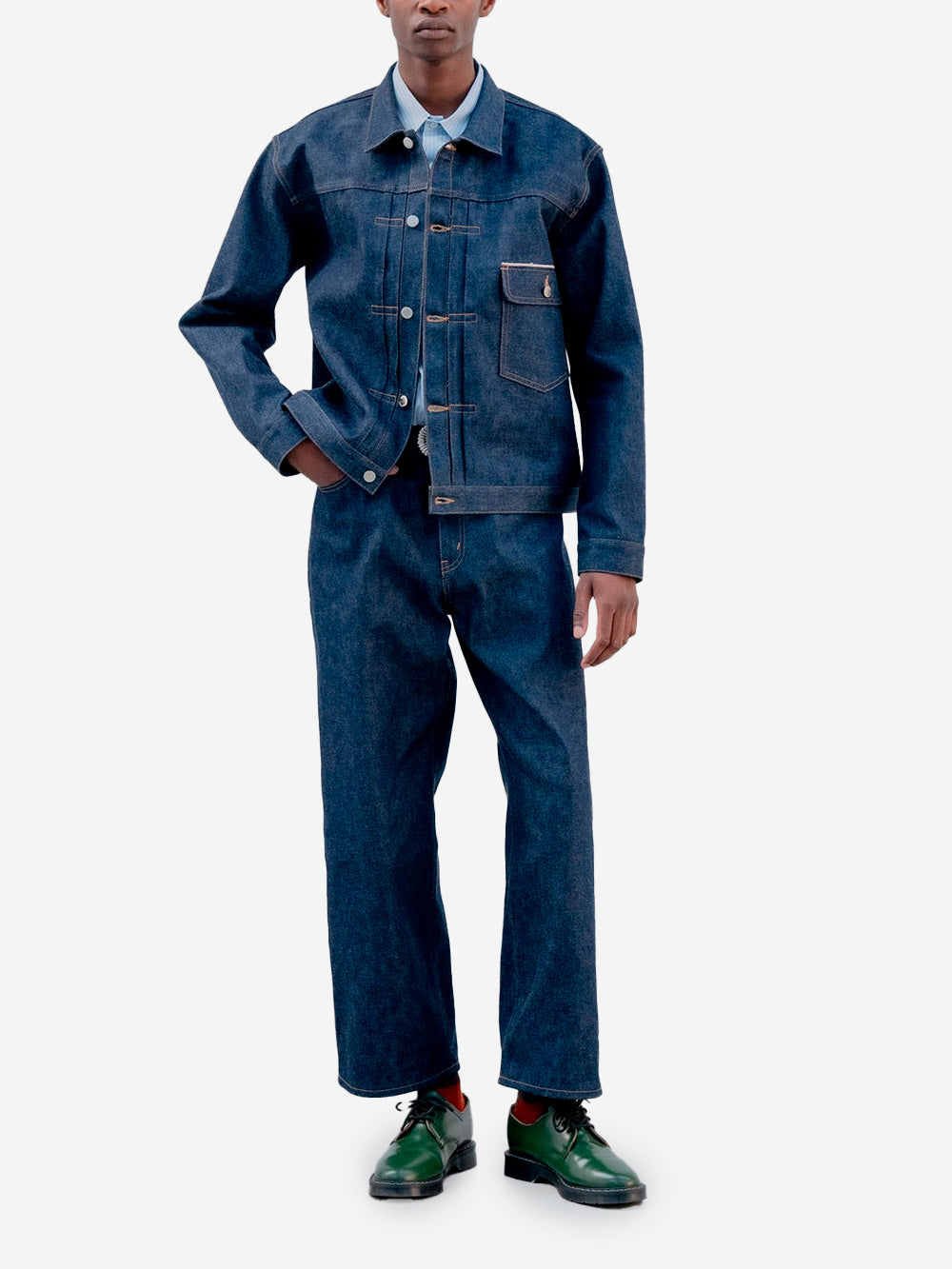 UNIFORM EXPERIMENT Giacca Trucker in denim rigido Indigo Urbanstaroma