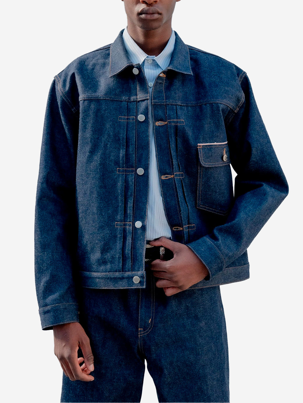 UNIFORM EXPERIMENT Giacca Trucker in denim rigido Indigo Urbanstaroma
