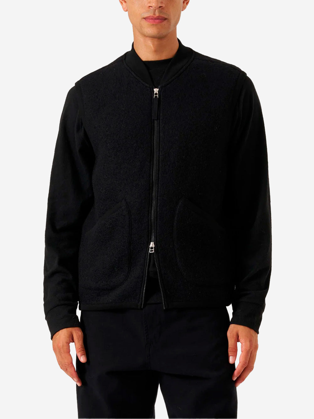 UNIVERSAL WORKS Gilet nero in fleece di lana con zip Nero Urbanstaroma