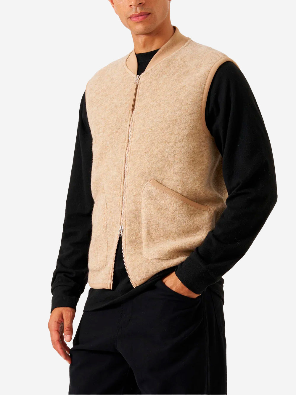 UNIVERSAL WORKS Gilet beige in fleece di lana con zip Beige Urbanstaroma