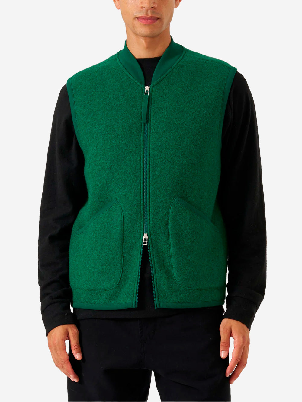 UNIVERSAL WORKS Gilet verde in fleece di lana con zip Verde Urbanstaroma