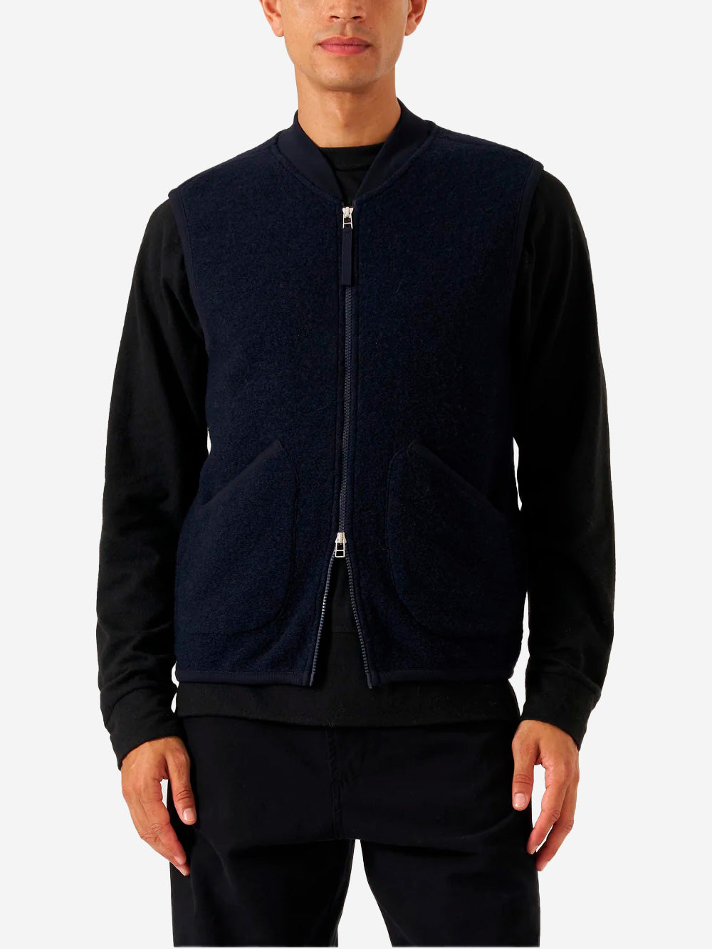 UNIVERSAL WORKS Gilet blu in fleece di lana con zip Blu scuro Urbanstaroma