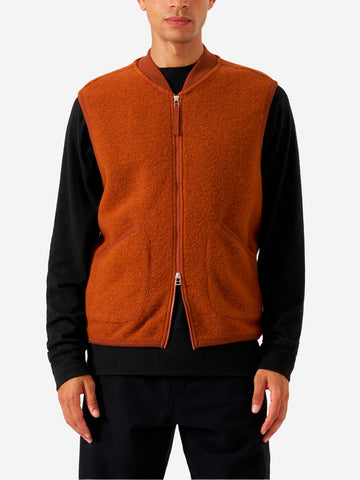 UNIVERSAL WORKS Gilet marrone ruggine in fleece di lana con zip Ruggine