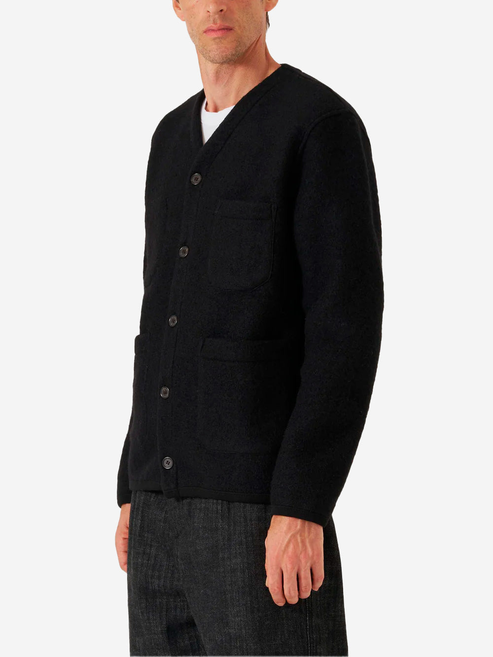 UNIVERSAL WORKS Cardigan nero in fleece di lana con tasche applicate Nero Urbanstaroma