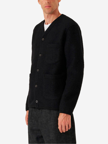 UNIVERSAL WORKS Cardigan nero in fleece di lana con tasche applicate Nero