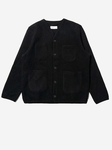 UNIVERSAL WORKS Cardigan nero in fleece di lana con tasche applicate Nero