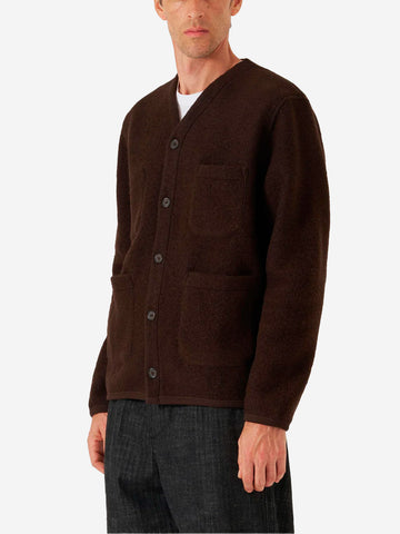 UNIVERSAL WORKS Cardigan marrone in fleece di lana con tasche applicate Marrone