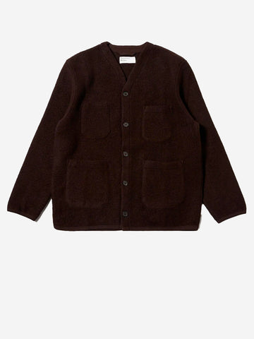 UNIVERSAL WORKS Cardigan marrone in fleece di lana con tasche applicate Marrone