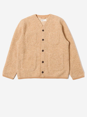 UNIVERSAL WORKS Cardigan beige in fleece di lana con tasche applicate Beige