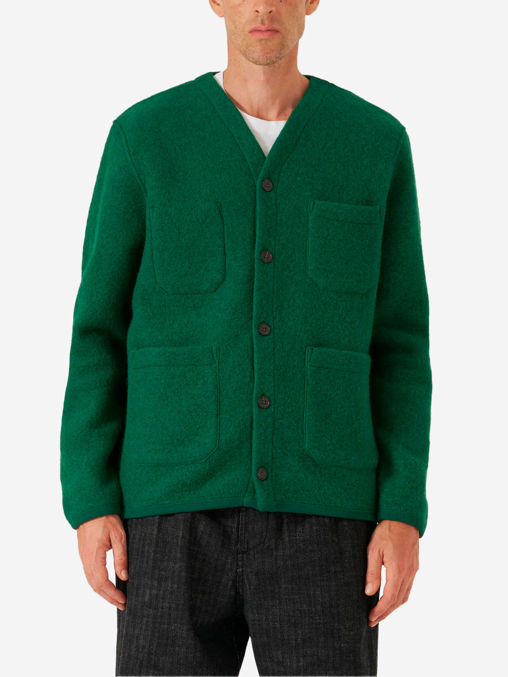 UNIVERSAL WORKS Cardigan verde in fleece di lana con tasche applicate Verde Urbanstaroma