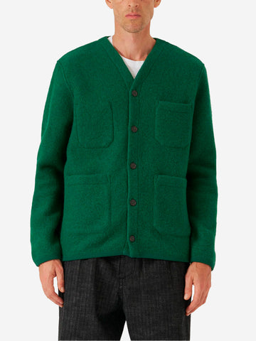 UNIVERSAL WORKS Cardigan verde in fleece di lana con tasche applicate Verde