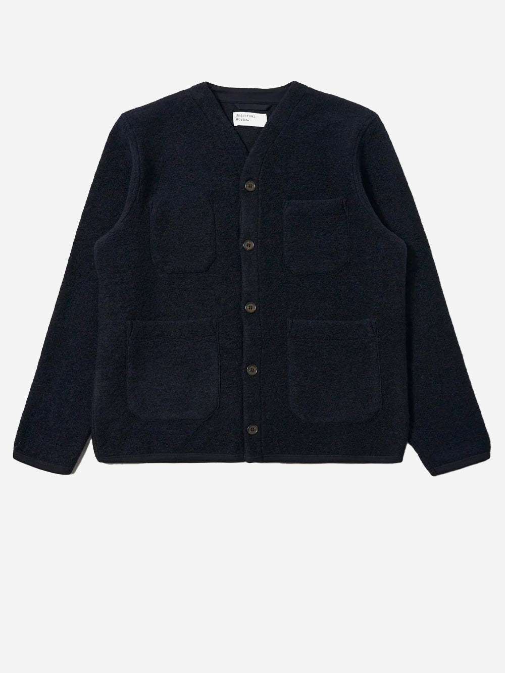 UNIVERSAL WORKS Cardigan blu navy in fleece di lana con tasche applicate Navy Urbanstaroma